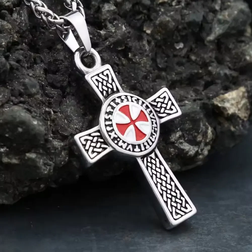 Silver & Red Cross Pendant Necklace Crusader Crusades Men's Christmas Birthday